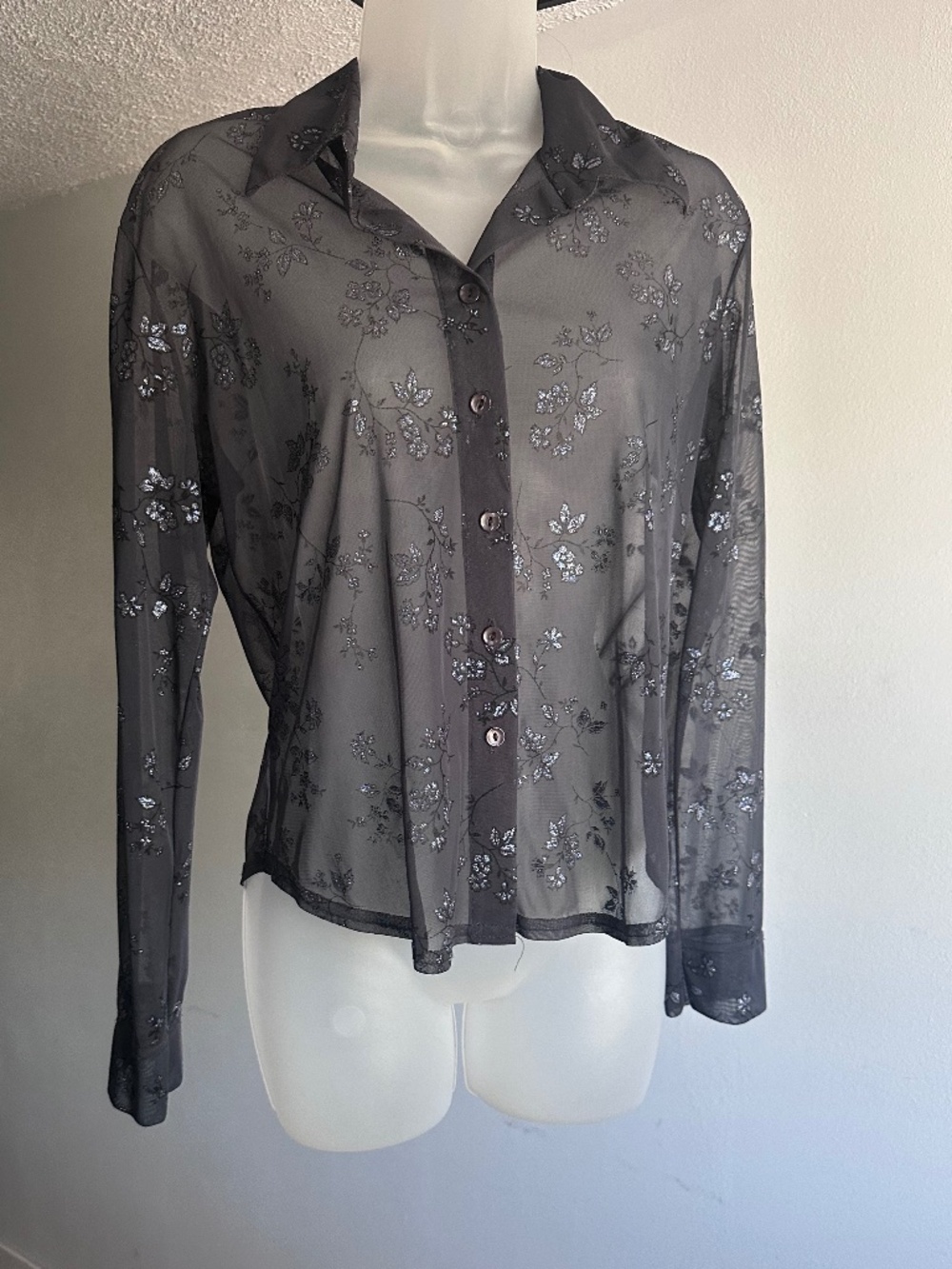 Size small Anxiety Cafe gray sparkly sheer blouse